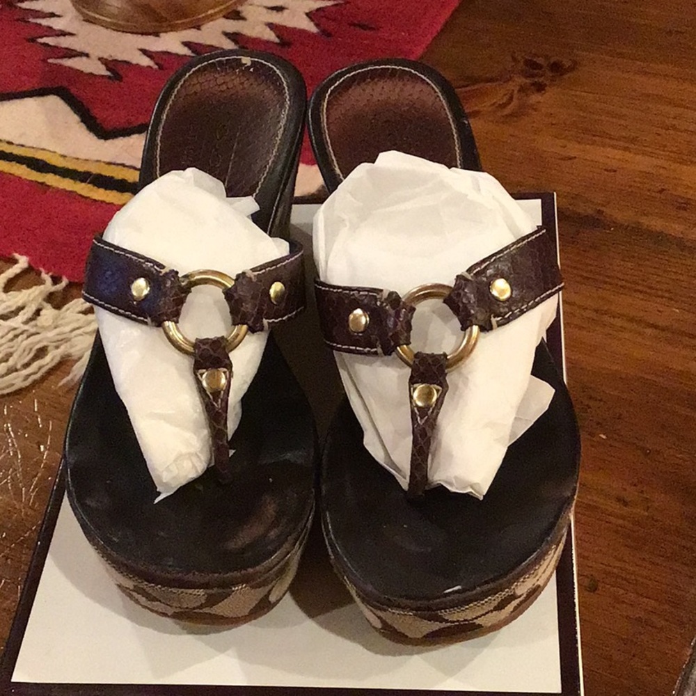 Coach Dark Brown Evita Printed Python Sandal. - image 1